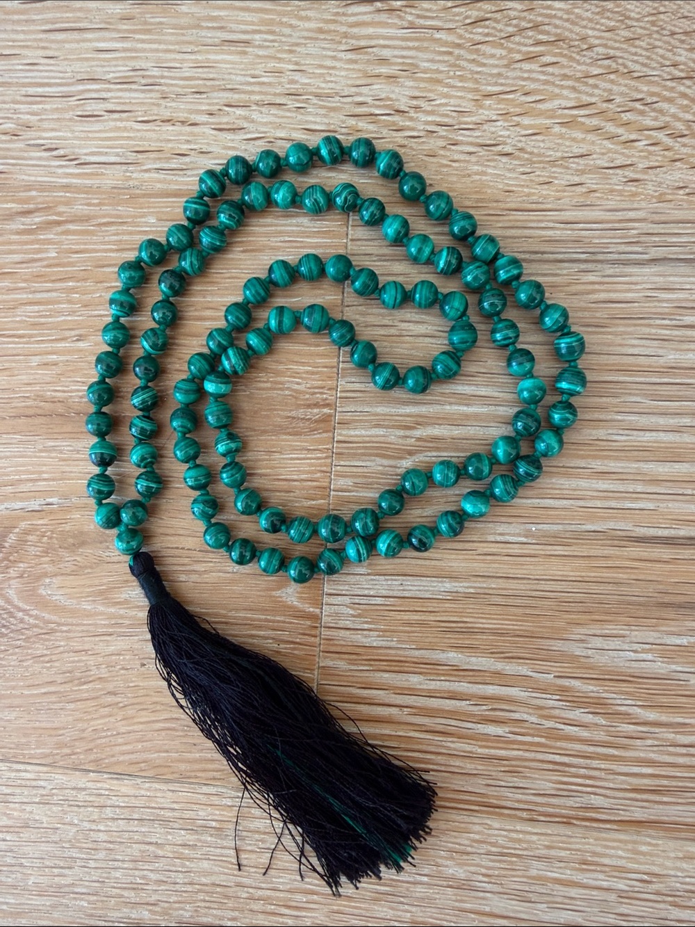 Green Malachite Mala Necklace with Black Tassel